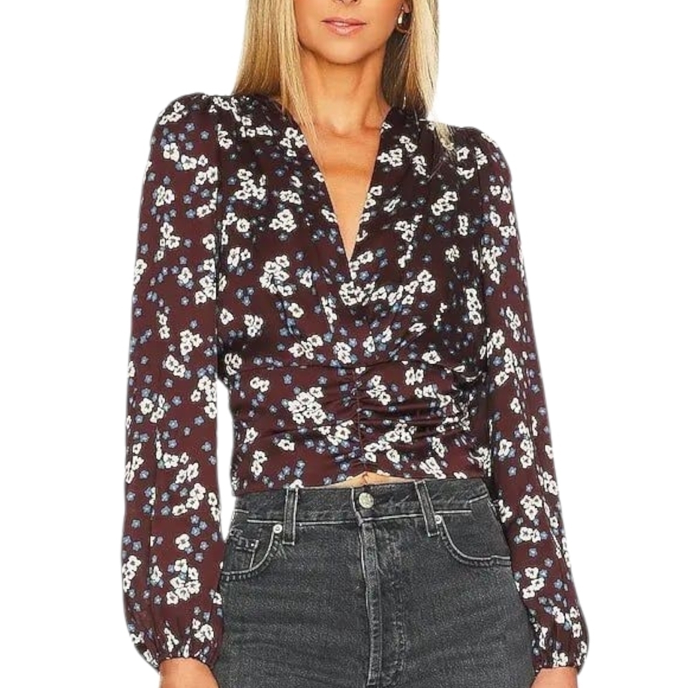 Heartloom Floral Blouse Long Sleeve Brown Blue Blouse Sz S M